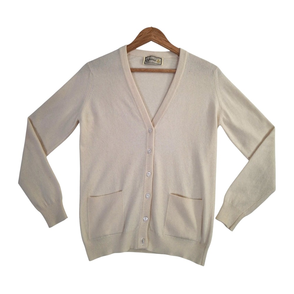 VTG Glenmac Scotland Pure Cashmere Cardigan Sweater Womens M Cream V-Neck Button
